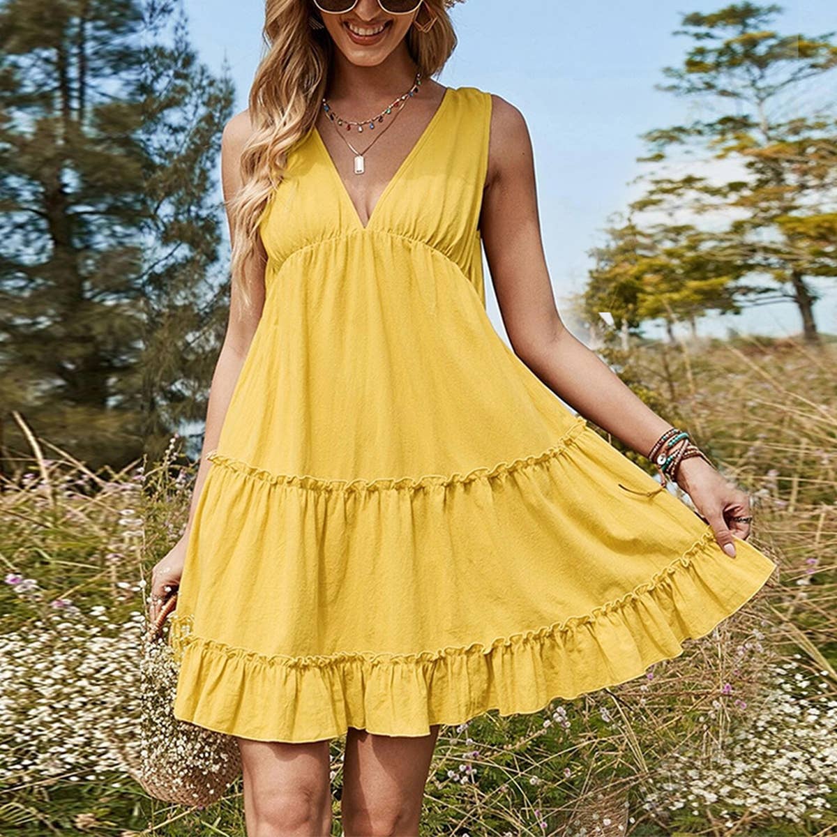 V NECK PASTORAL TEMPERAMENT ALL MATCHING DRESS_CWDSD3208