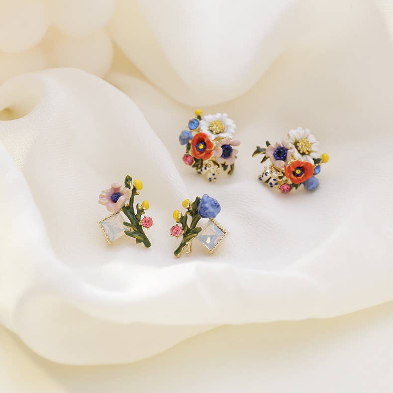 French enamel and colored glaze flower earrings