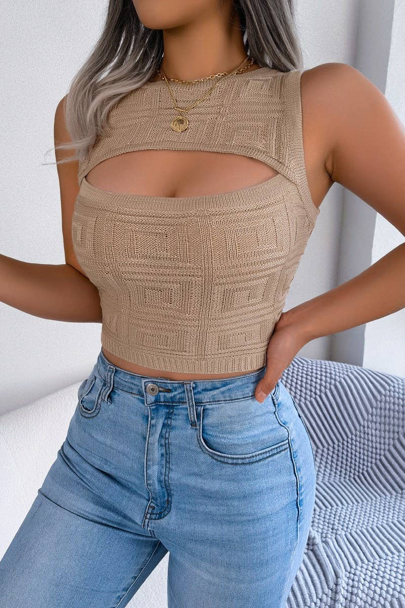 SEXY CUT OUT SLEEVELESS MIDRIFF SWEATER_CWOSWSL0039