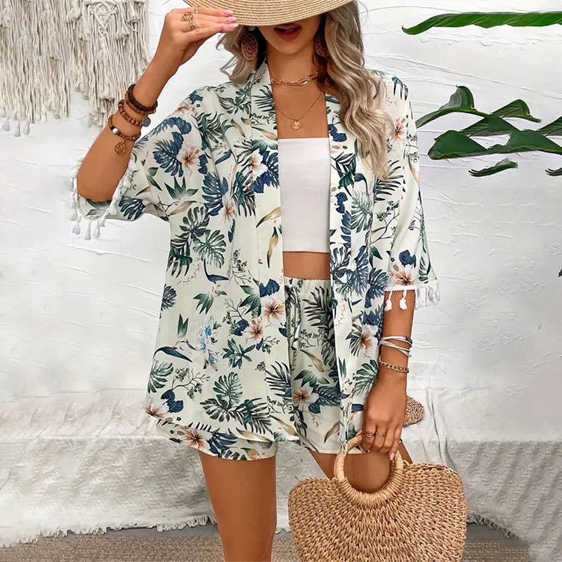 Printed fringe short beach vacation two-piece set