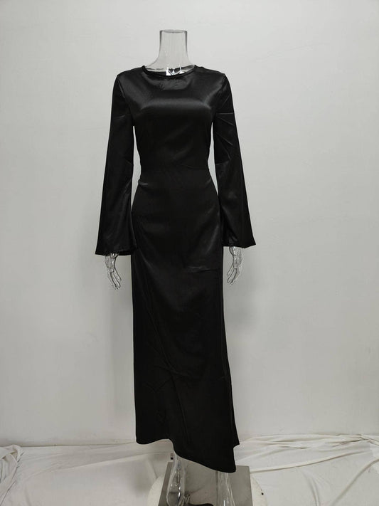 ROUND NECK SOLID COLOR DRESS WITH FLARED SLEEVES