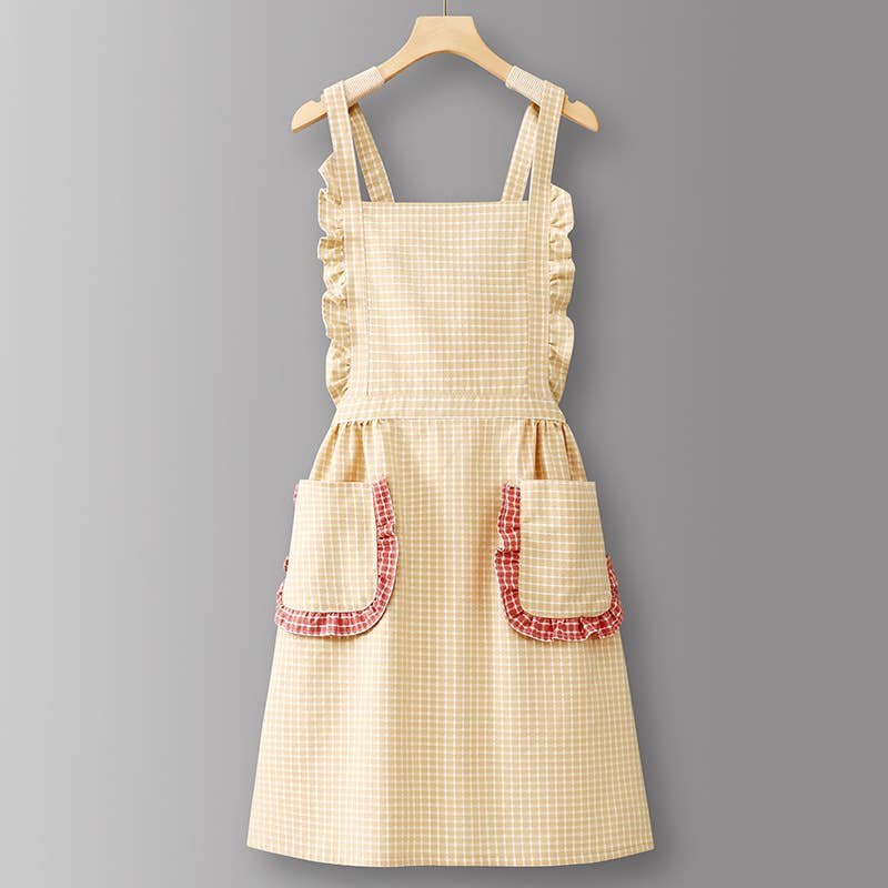 Cotton Striped Grid Kitchen Apron with Pocket