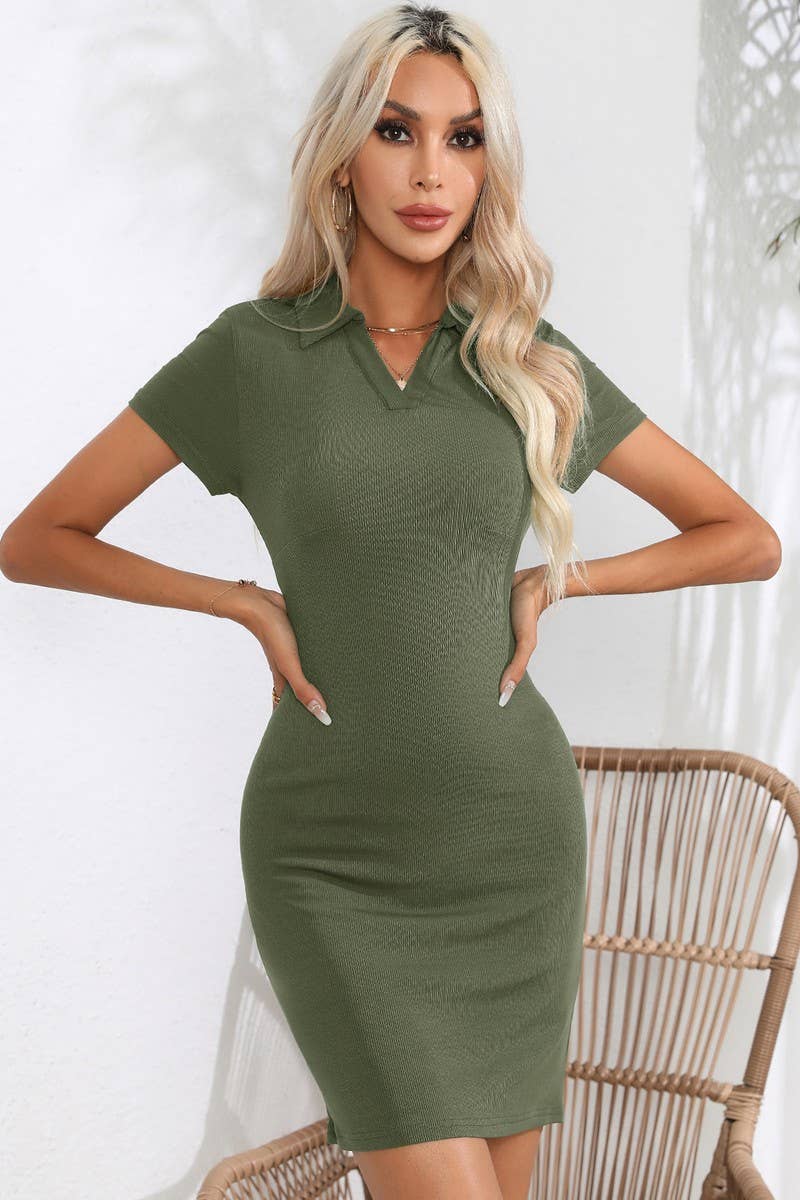 CWDSD2919_V-NECK SHORT SLEEVE PULLOVER BODYCON MINI DRESS