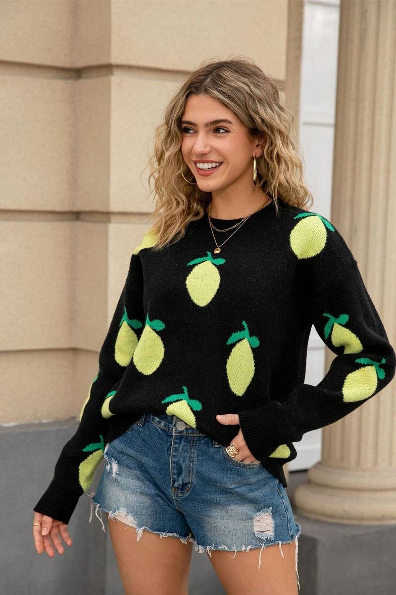 CWOSWL07604_LOOSE LEMON PRINT CREWNECK KNIT TOP