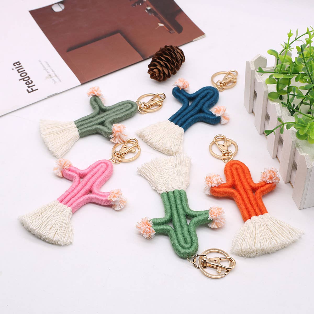 HAND-WOVEN CACTUS FUR BALL KEYCHAIN