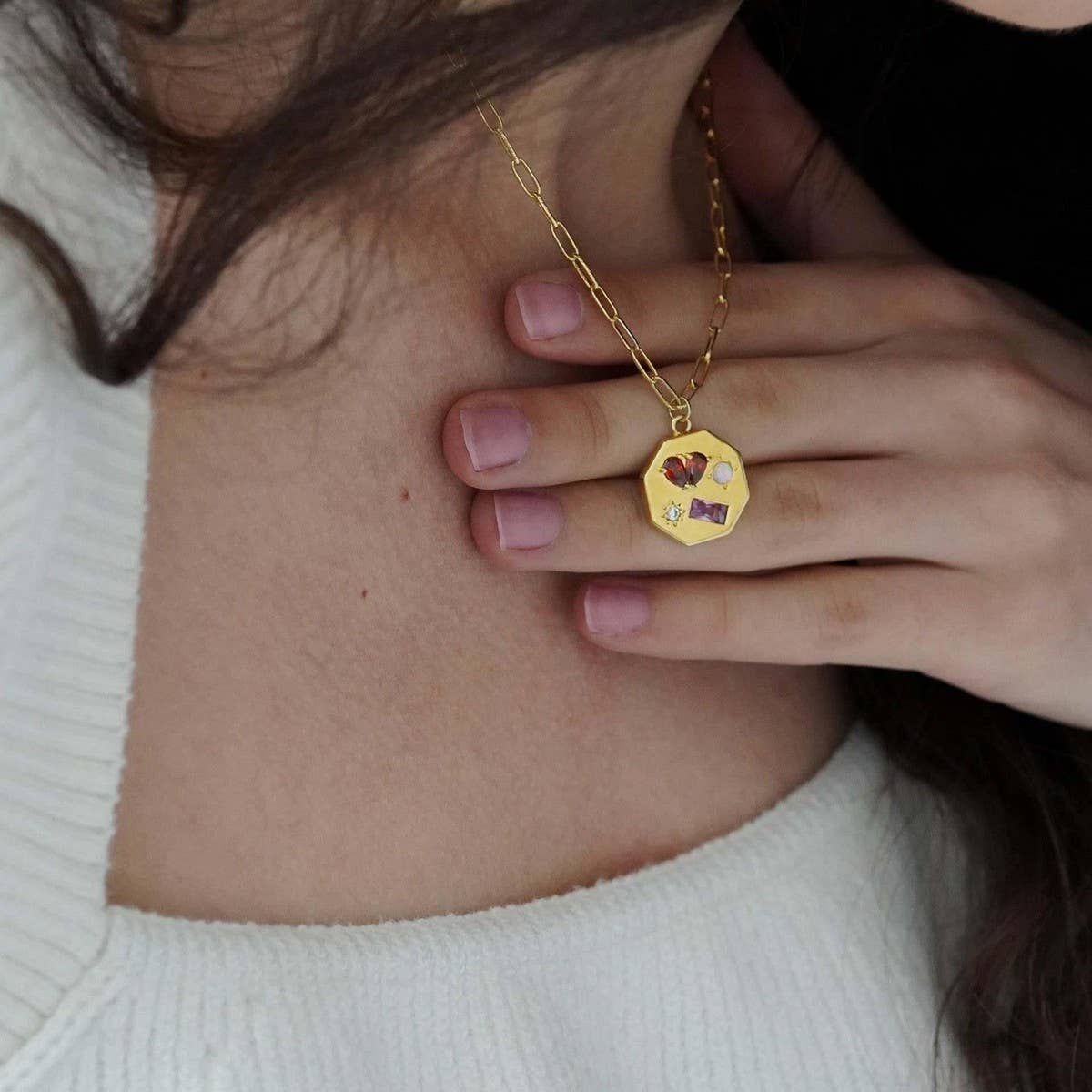 Stainless Steel Heart Gemstone Necklace_CWMM5666