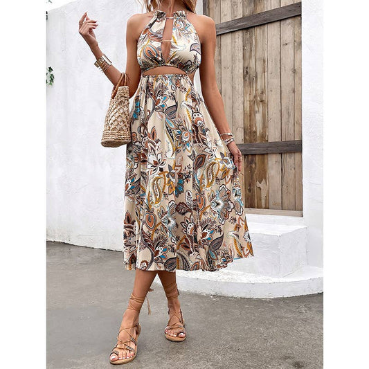 Sexy halter-neck high-waisted open-cut long dress