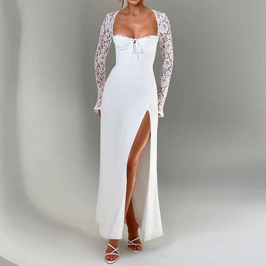 Low-cut high-slit lace patchwork dress