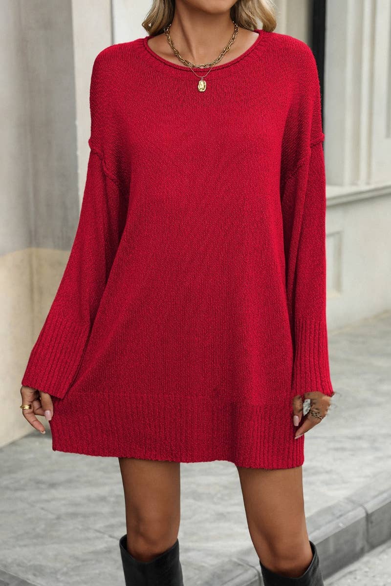 CWDSD6497_CREW NECK LONG SLEEVE SOLID COLOR SWEATER DRESS