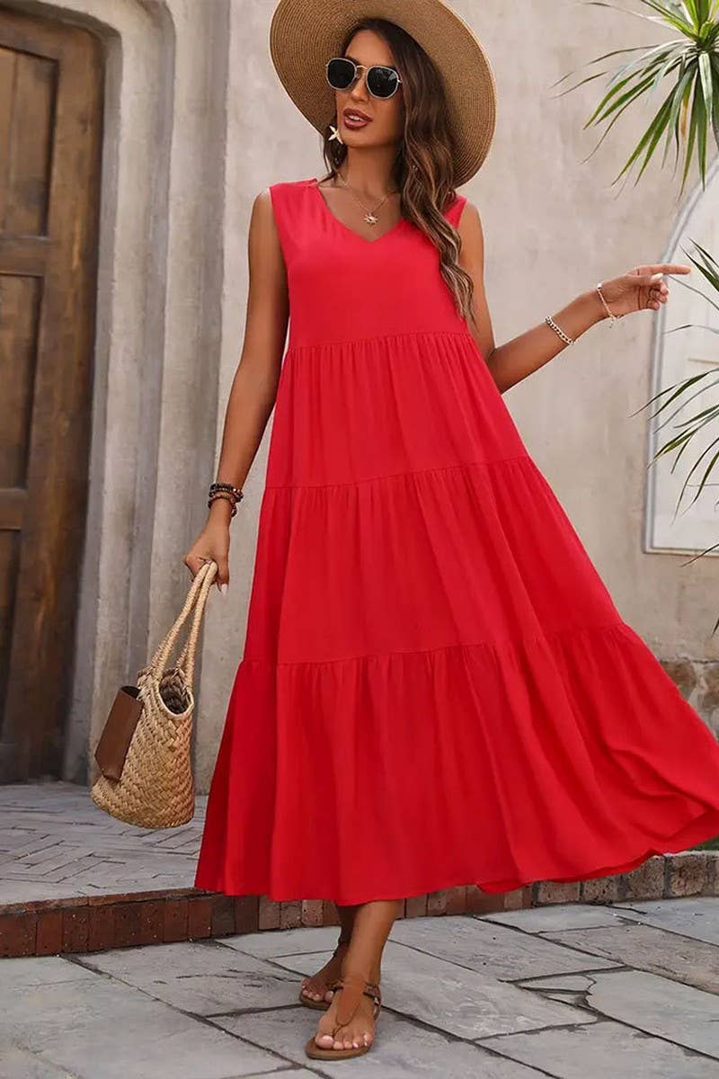 CWDMD4880_SOLID V NECK TIERED HEM SLEEVELESS DRESS