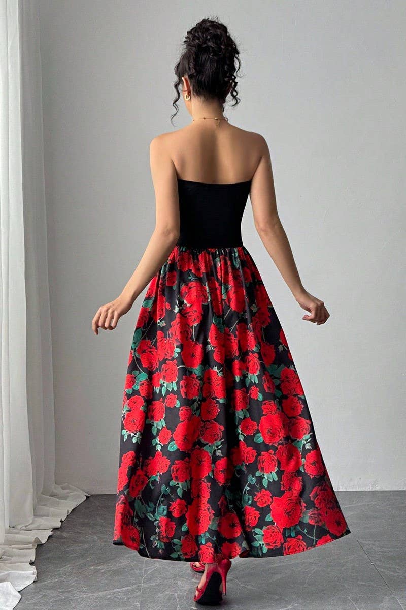 CWDMD5750_ROSE PRINT PATCHWORK STRAPLESS MAXI DRESS