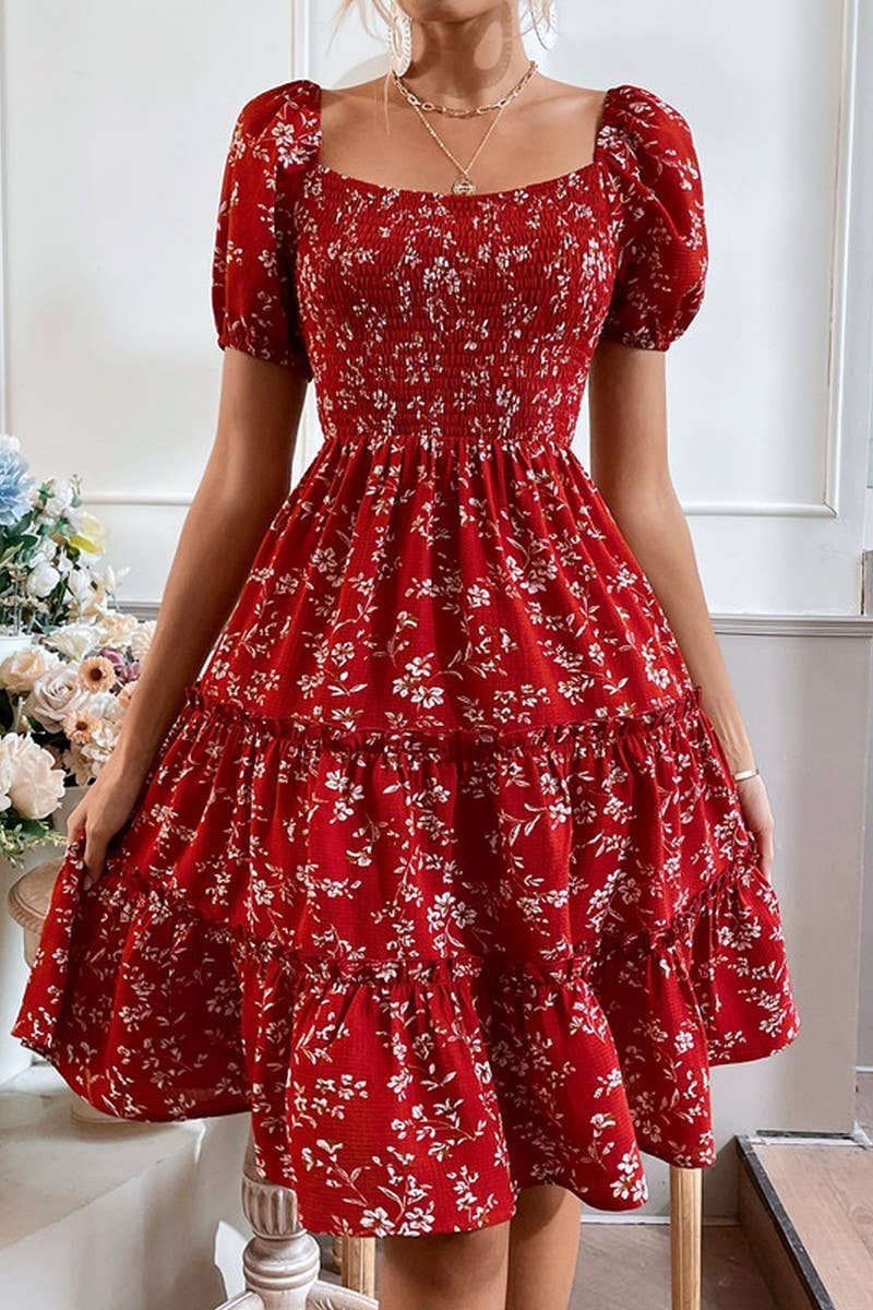 CWDSD8226_TEMPERAMENT PRINTED WAIST SHORT-SLEEVED DRESS