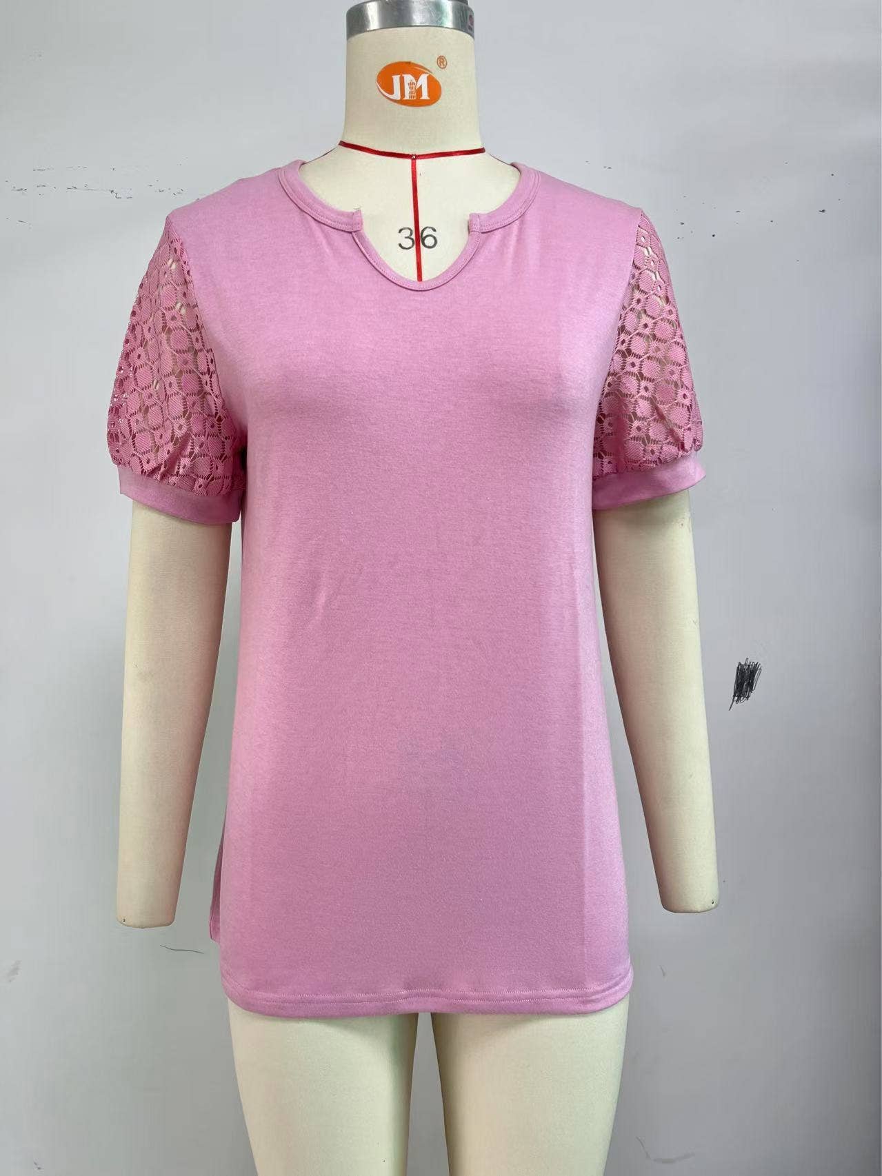 Solid color V-neck lace short sleeve T-shirt