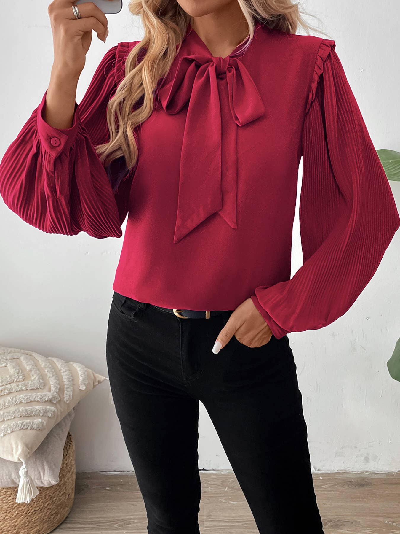 SOLID COLOR TEMPERAMENT BOW COLLAR SHIRT