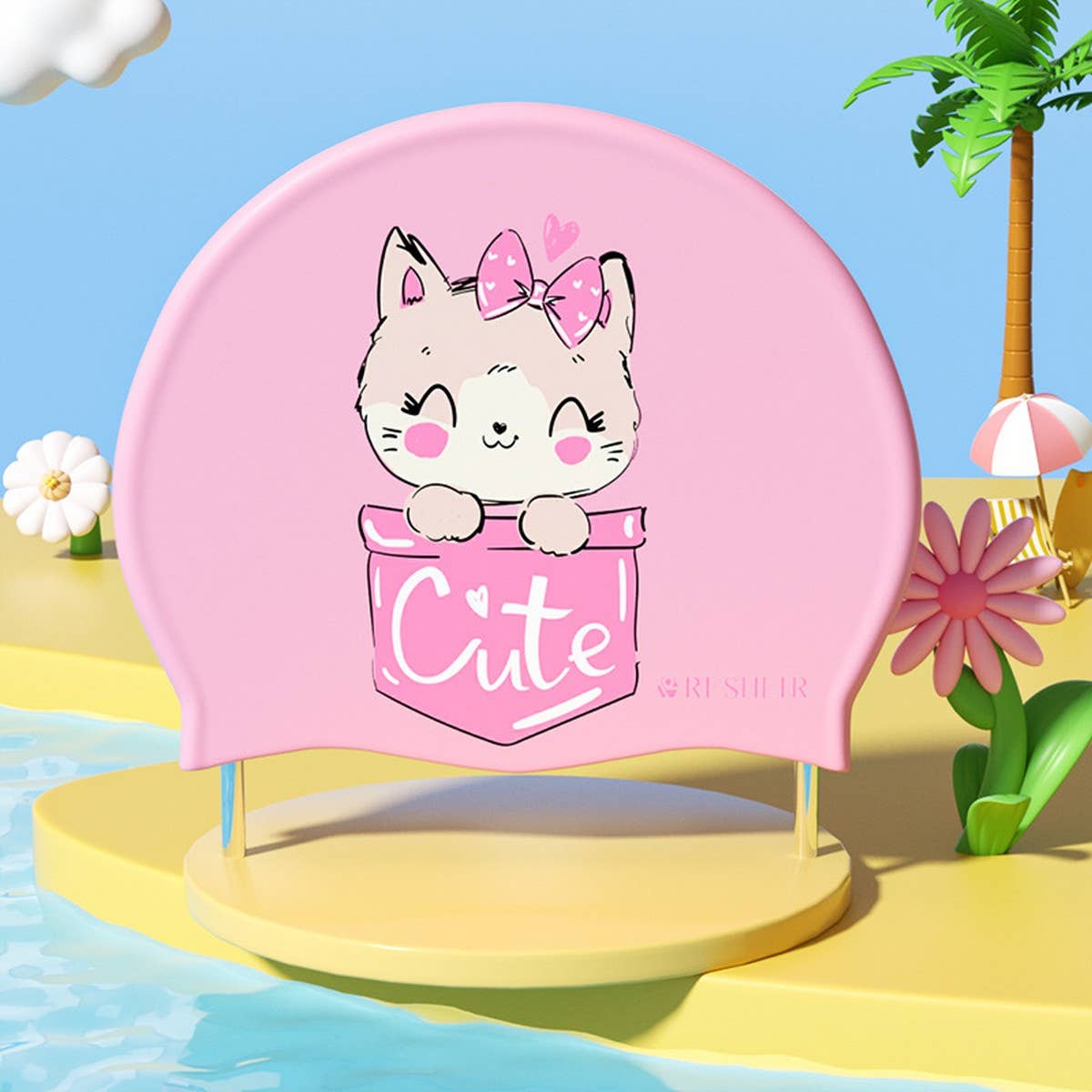 Girls' Silicone Swim Cap ? Cute Cartoon, Ear Cover