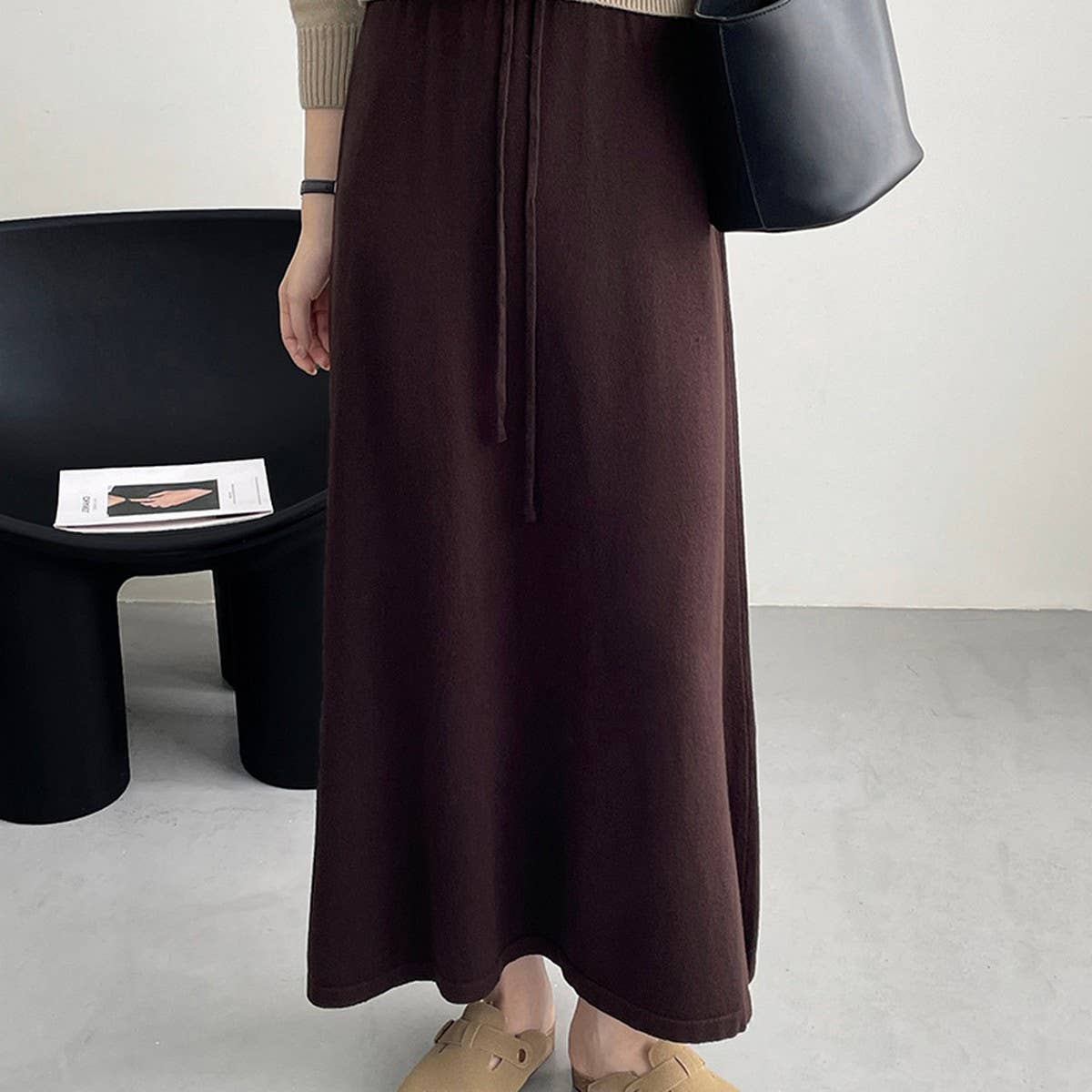 Solid color all-in-one drawstring knit A-line skirt