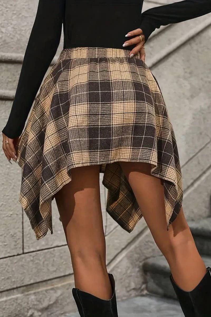 CWBSS0462_FASHION IRREGULAR PLAID SLEEVE SKIRT
