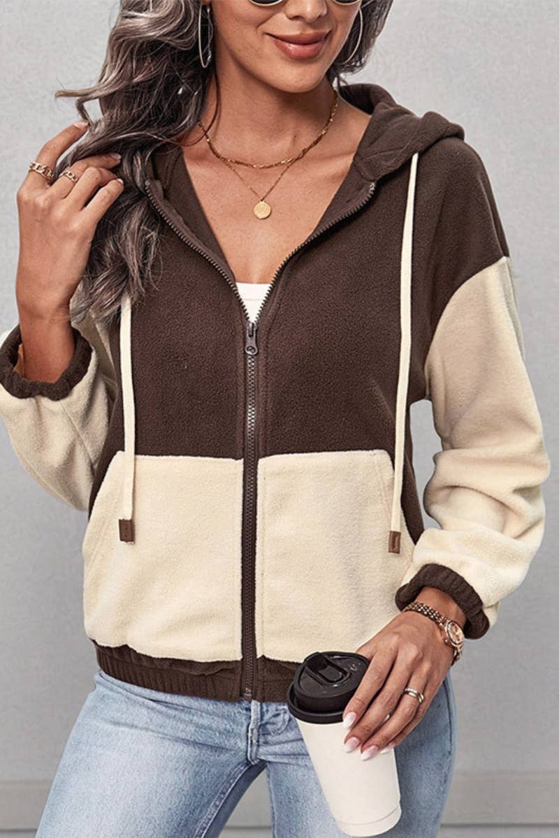 CWOCO1007_HOODED DRAWSTRING LONG-SLEEVED FLEECE JACKET