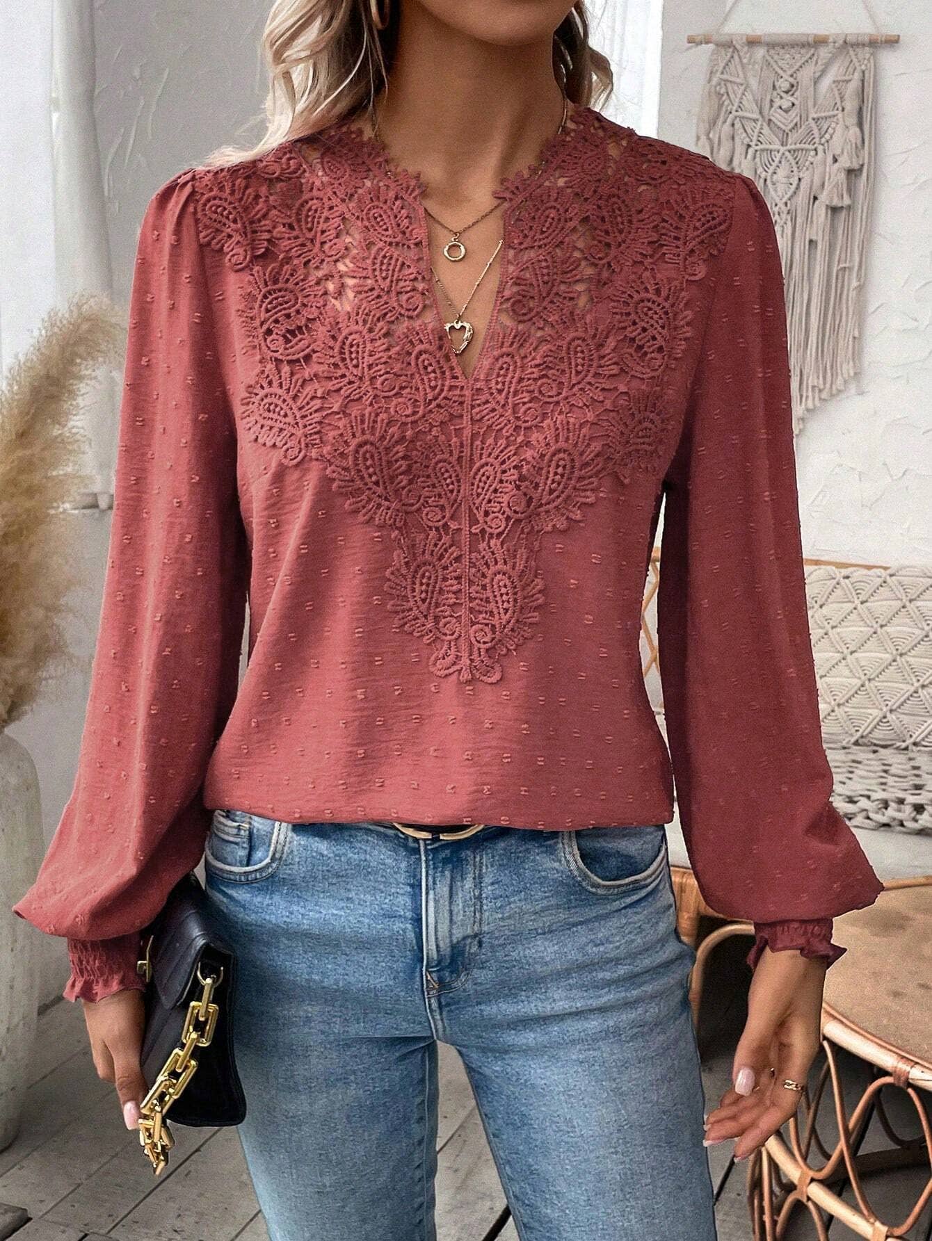 Fashion V-neck lace long sleeve casual T-shirt