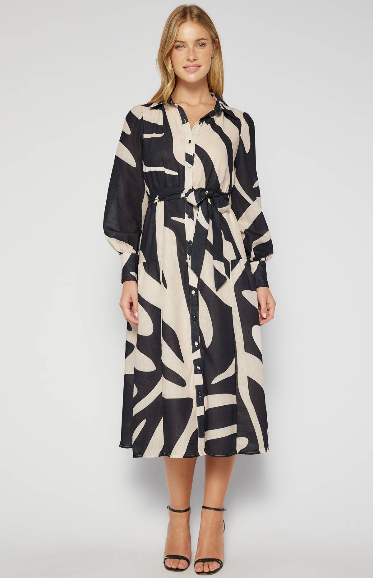 PRINTED LOOSE LACE-UP LONG-SLEEVED SHIRT DRESS