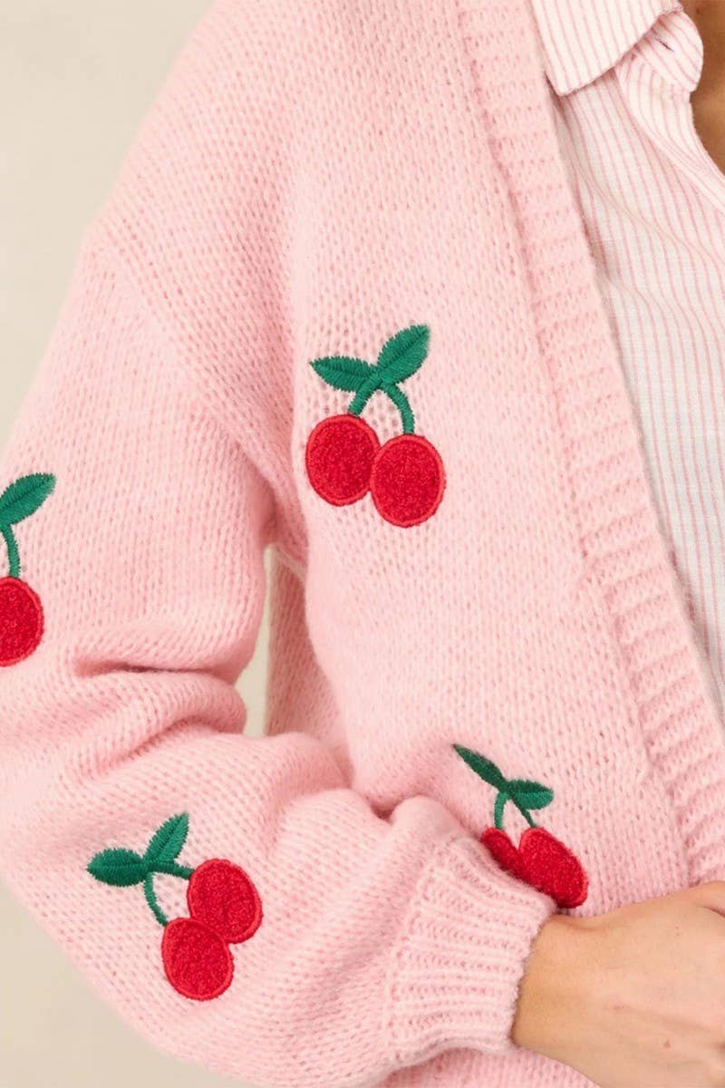 CWOCAL2361_ELEGANT PEACH EMBROIDERY KNIT CARDIGAN TOP