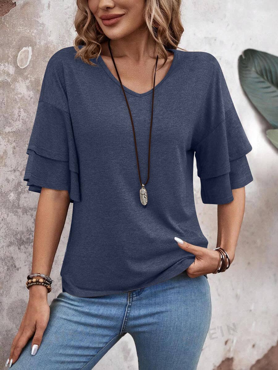 SOLID COLOR V-NECK DOUBLE-SLEEVED BAGGY BLOUSE
