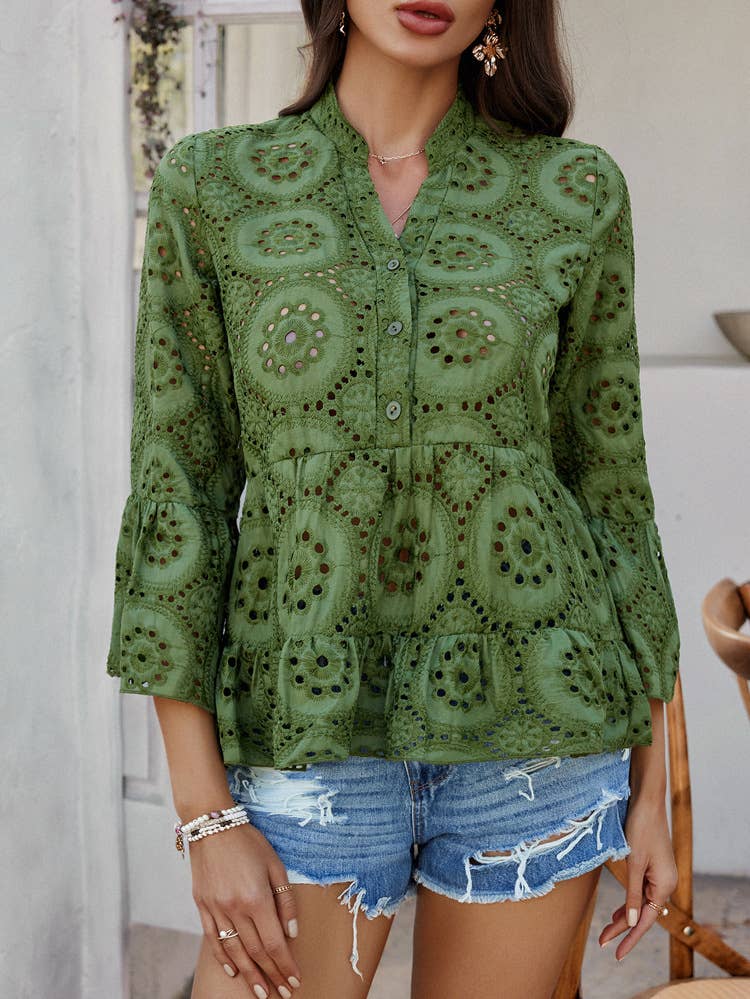 Leisure style hollow V-neck single breasted shirt