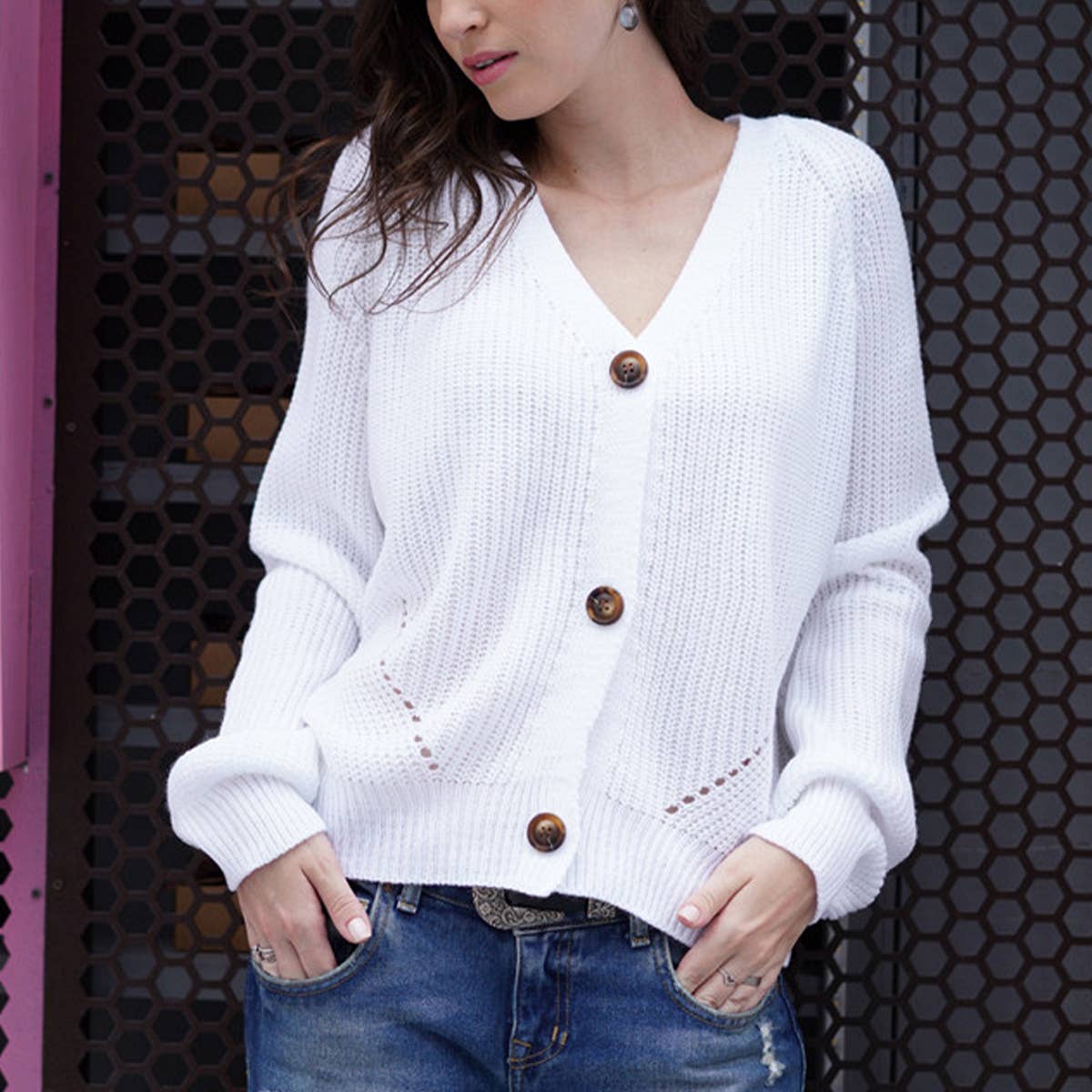 SOLID COLOR BUTTON-DOWN V-NECK SWEATER