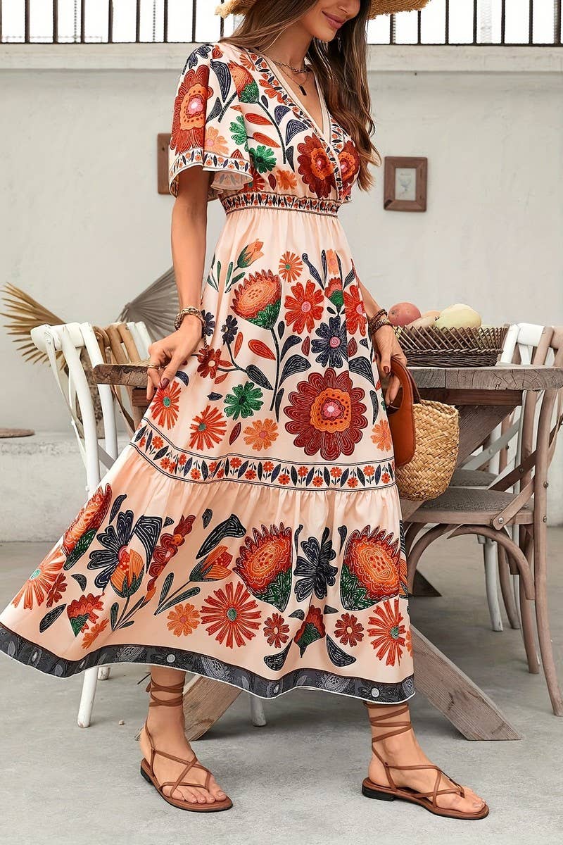 CWDMD6393_BOHO CROSS NECK SHORT SLEEVE PRINTED MAXI DRESS