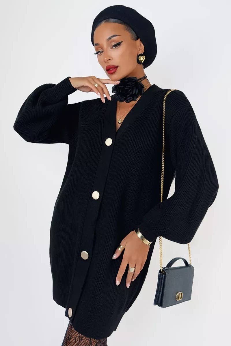 CWOCAL1481_V-NECK SOLID COLOR LENGTH KNITTED SWEATER COATS