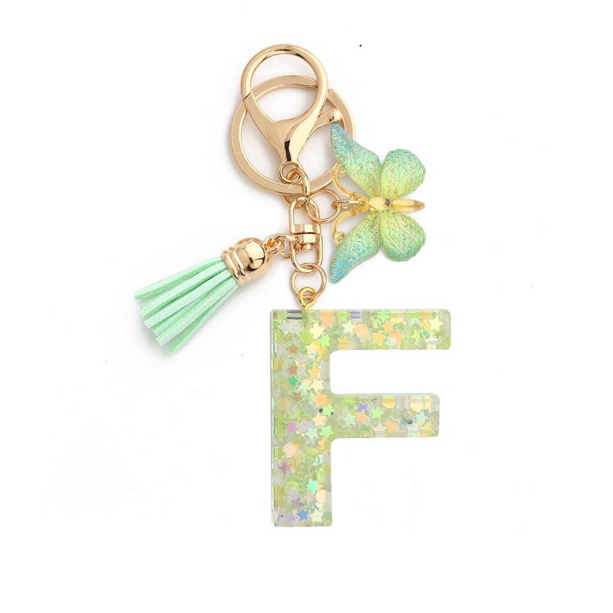 Green Butterfly Resin Letter Keychain with Glitter_CWAB5079