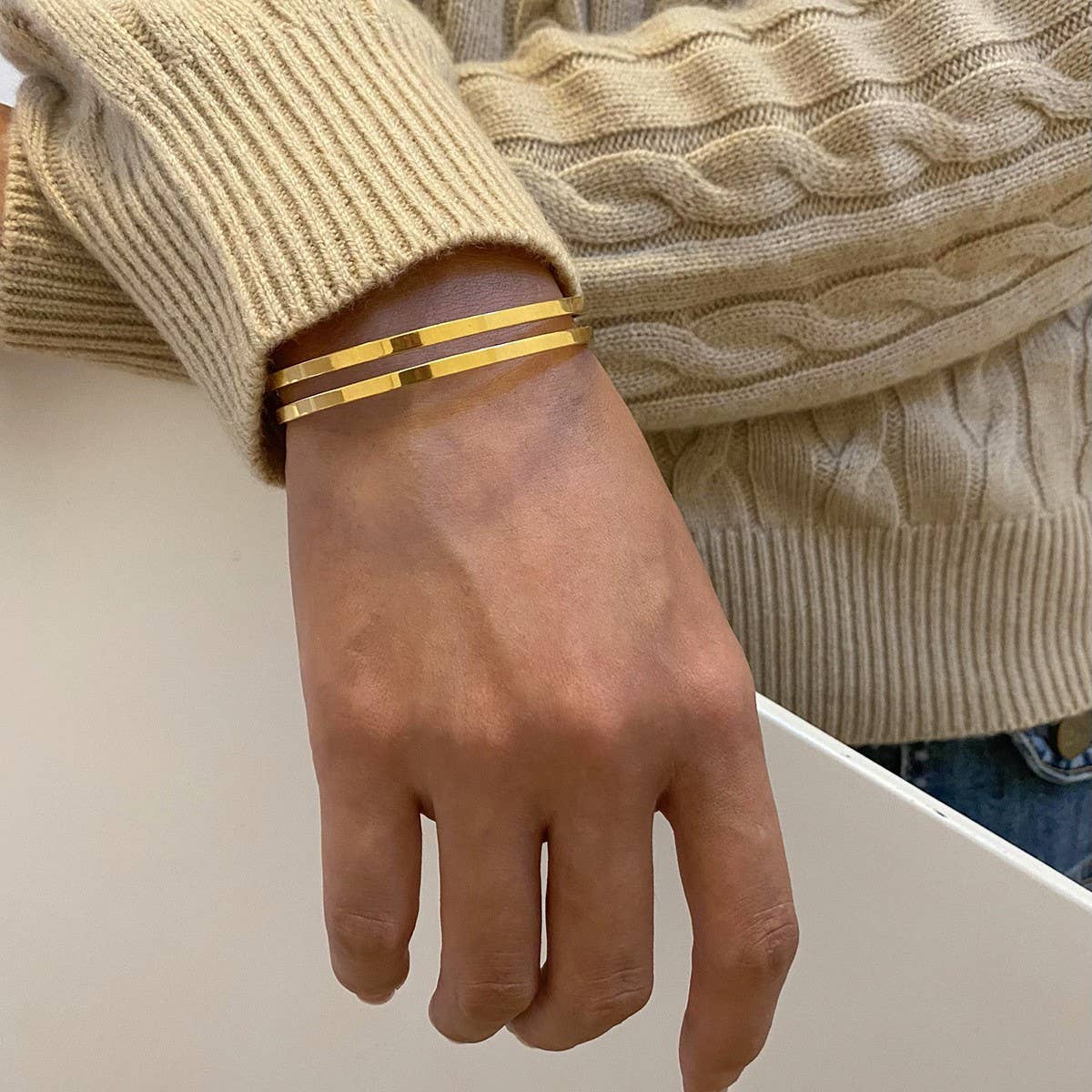 Polished 18K Gold Stainless Steel Double Cuff_CWAJE4890