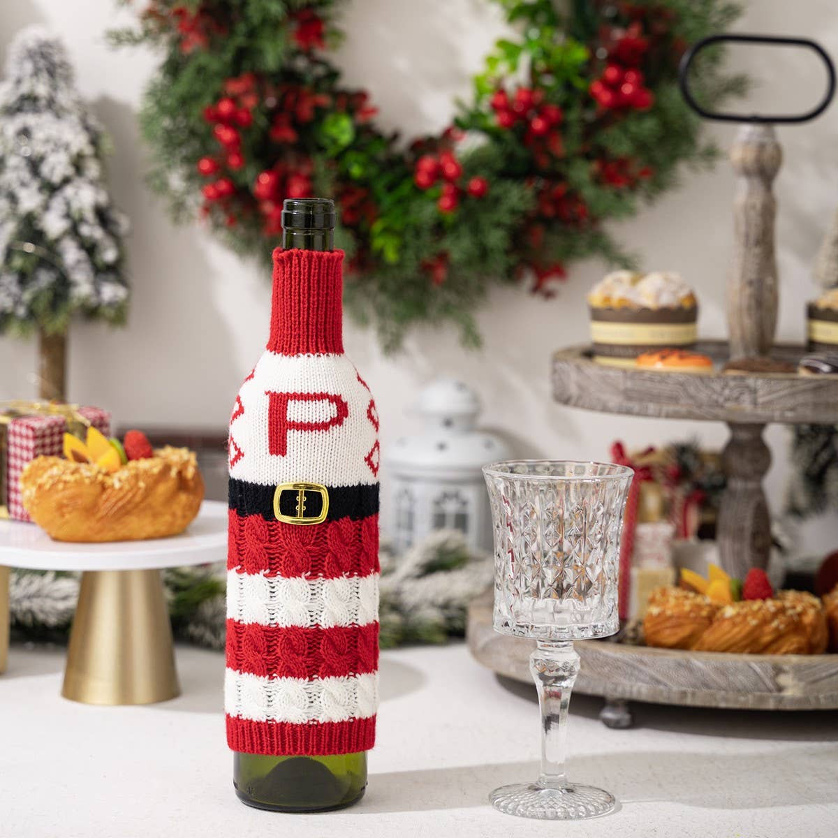 CWMM10337_KNITTED LETTER WINE BOTTLE COVER RED WHITE STRIPES
