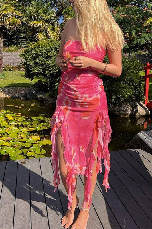 CWDTD0436_FLORAL MESH STRAPLESS RUFFLE VACATION MINI DRESS