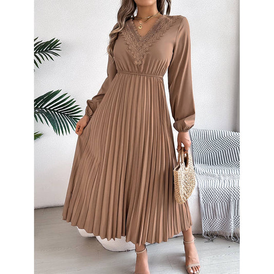 Elegant temperament V-neck waist pleated dress