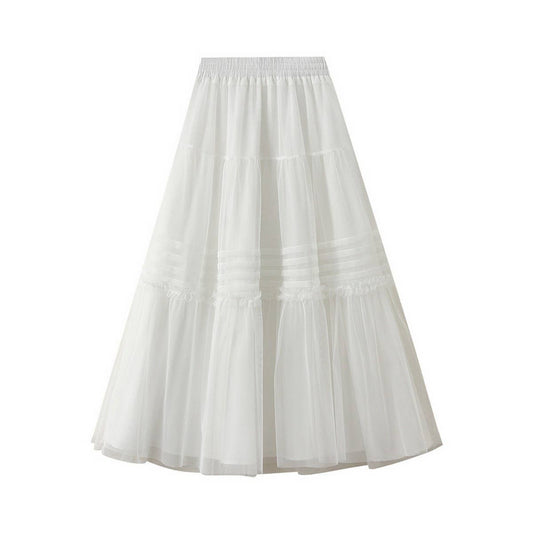 Vintage Pleated Lace Trim Tulle Maxi Skirt