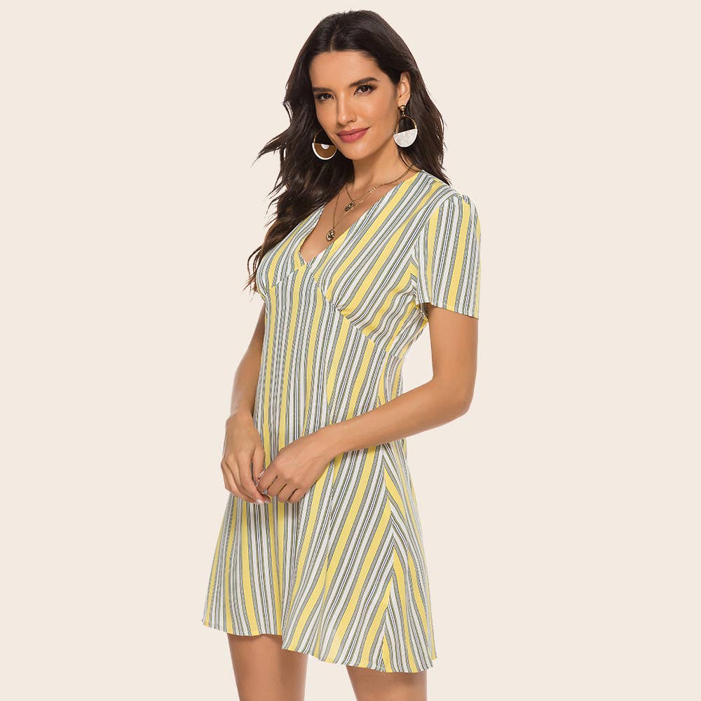 Lemon yellow striped V-neck short-sleeved dress