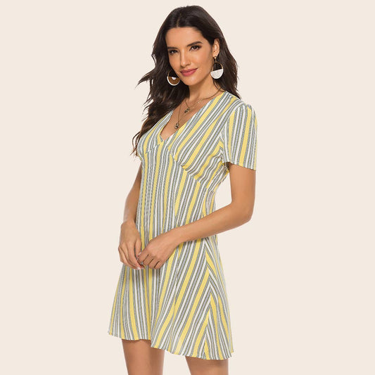 Lemon yellow striped V-neck short-sleeved dress