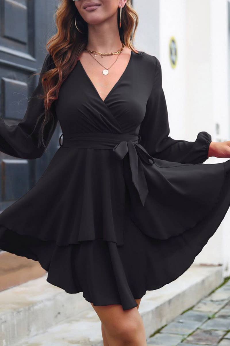 CWDSD7389_V-NECK MULTI-LAYERED HEM FASHIONABLE DRESS