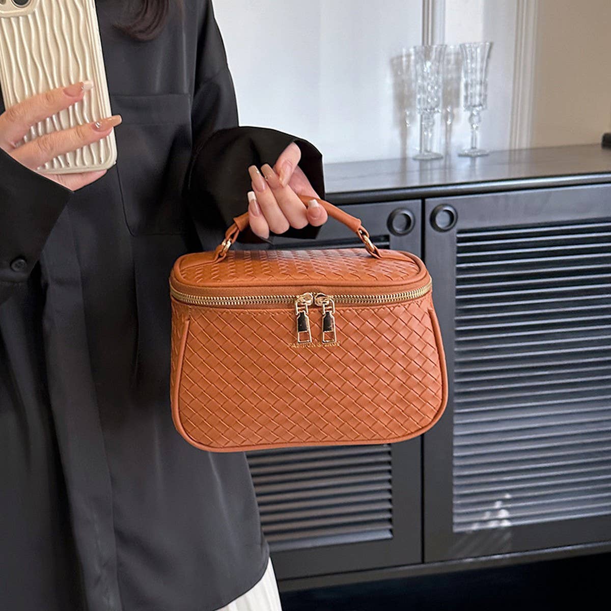 WOVEN PATTERN LARGE CAPACITY COSMETIC BAG_CWAB4419