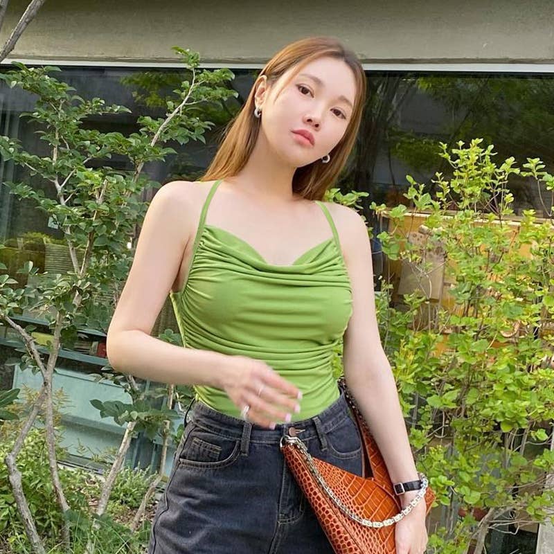 Slimming solid-color halter strap with a neckline