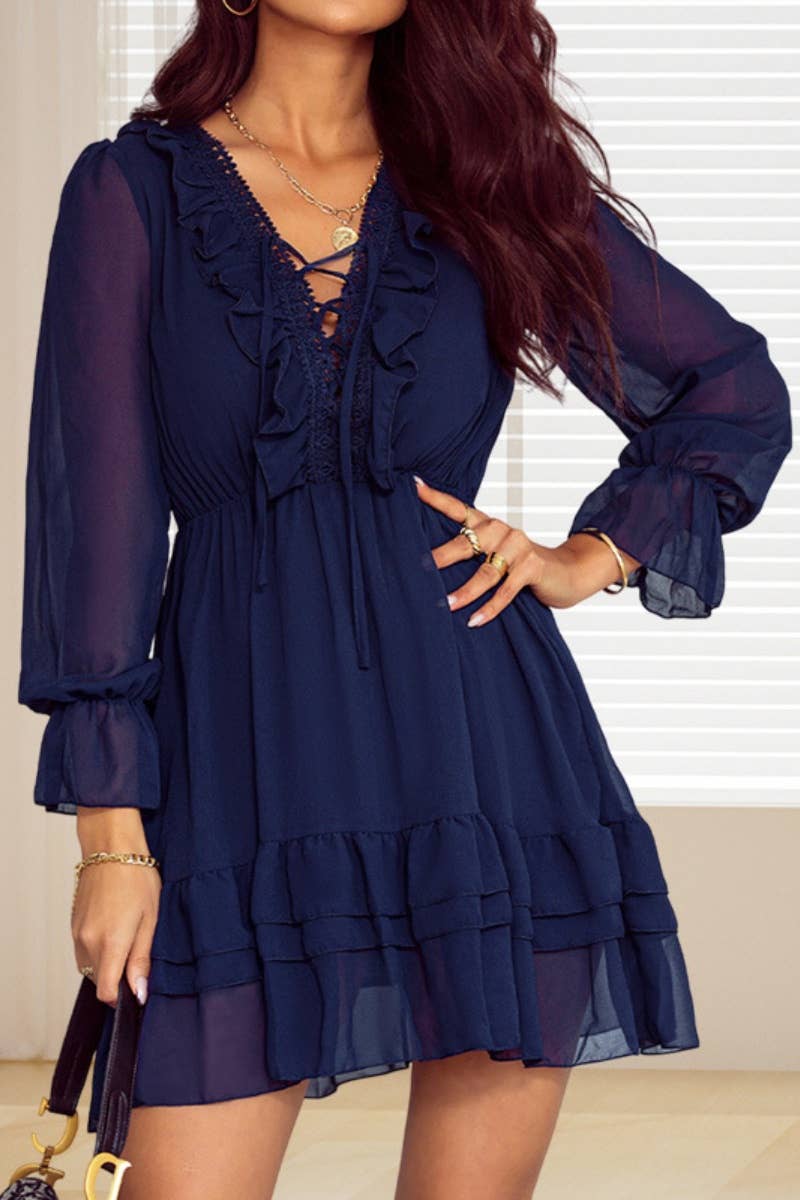 CWDSD6588_FALL MESH V-NECK RUFFLED LONG-SLEEVED DRESS