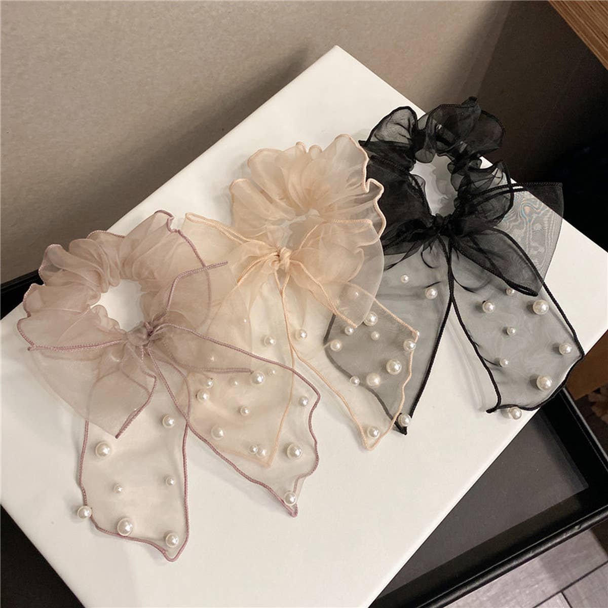 SIMPLE MESH PEARL BEAD BOW HAIR ROPE_CWAHA1099