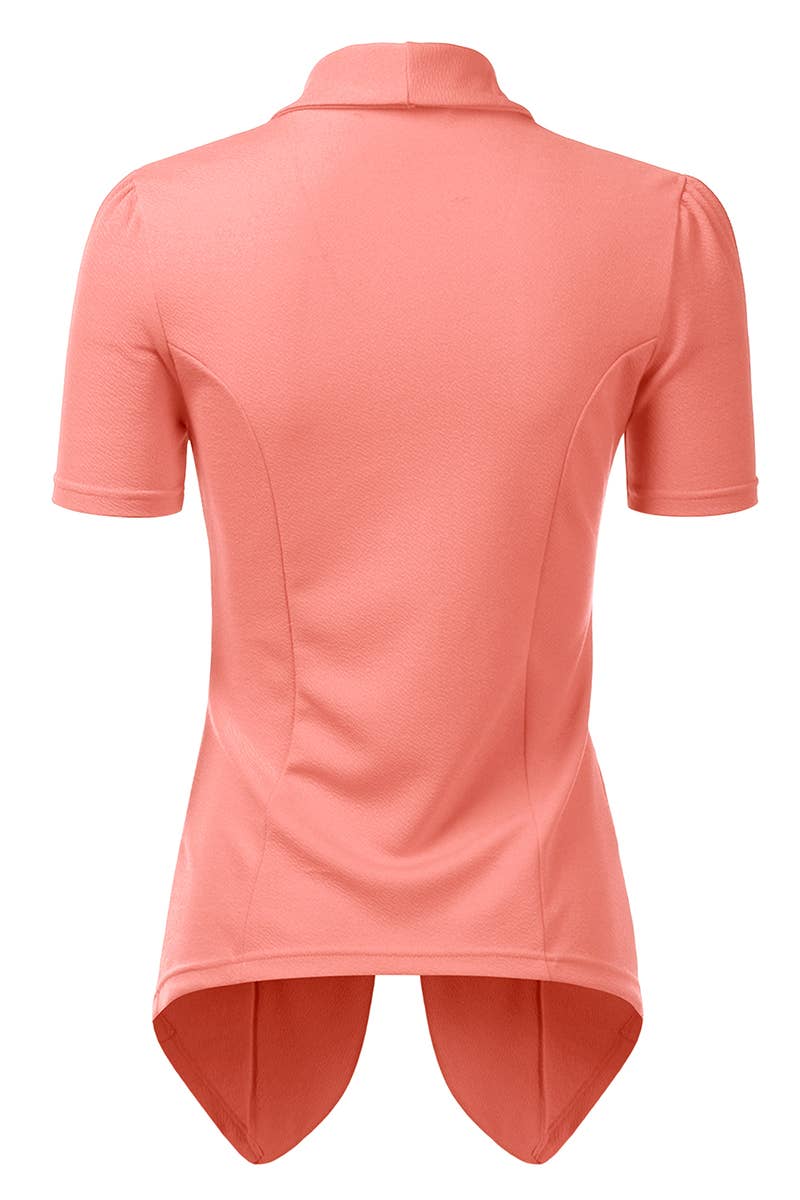 CWOBL095-P_Short Sleeve Open Front Draped Ruffles Blouses