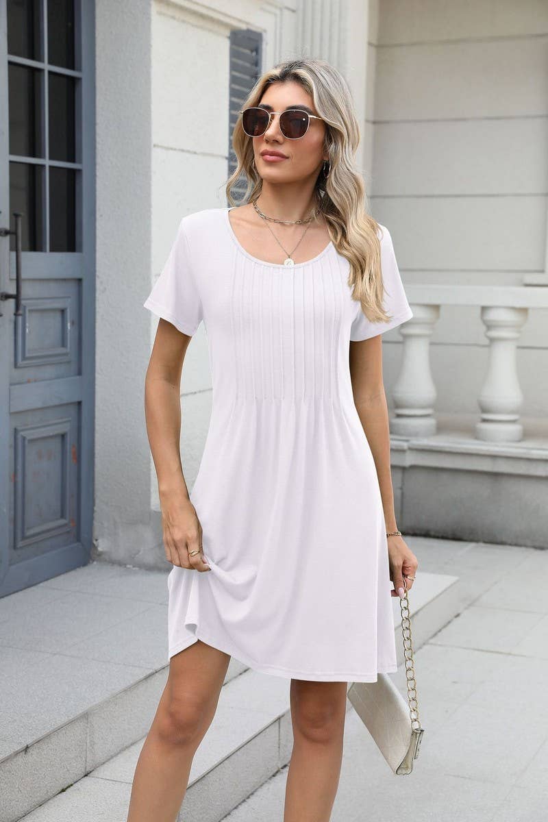 CWDSD8722_SOLID CREW NECK POCKET SHORT SLEEVE DRESS