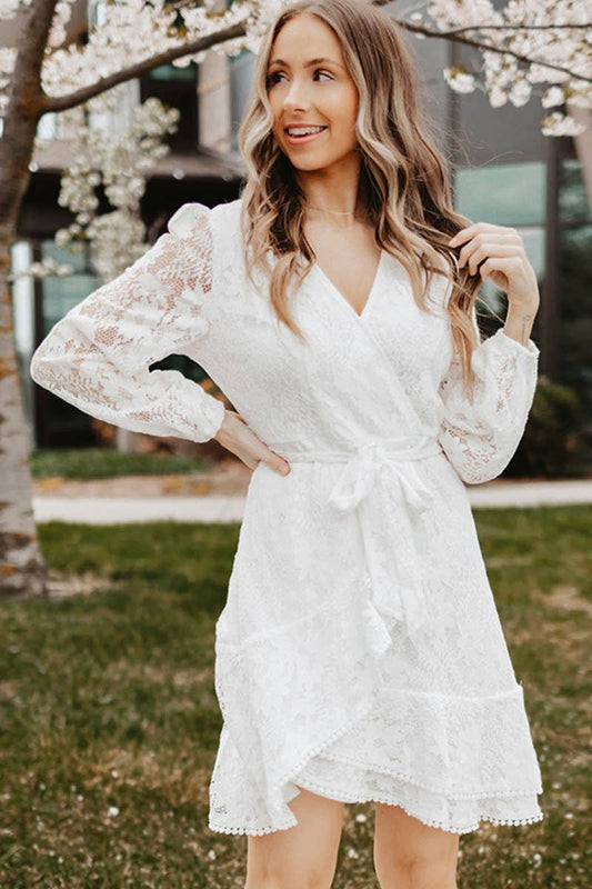 CWDSD6589_LACE DEEP V PATCHWORK LACE-UP DRESS SHORT