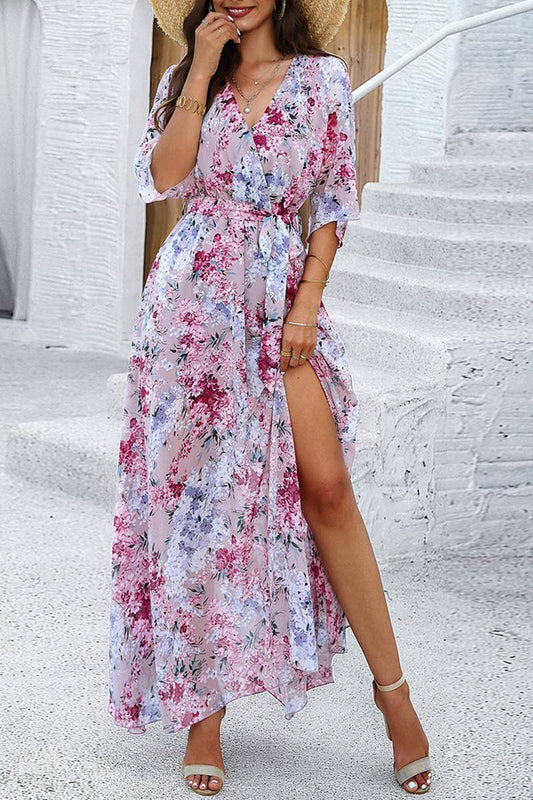 CWDMD0997_Deep V-Neck Wrap Short Sleeve Floral Print Dresses