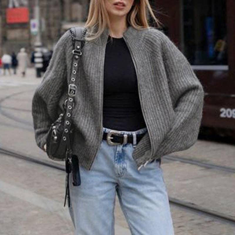 SOLID COLOR LAPEL DOUBLE ZIP LAPEL SWEATER COAT