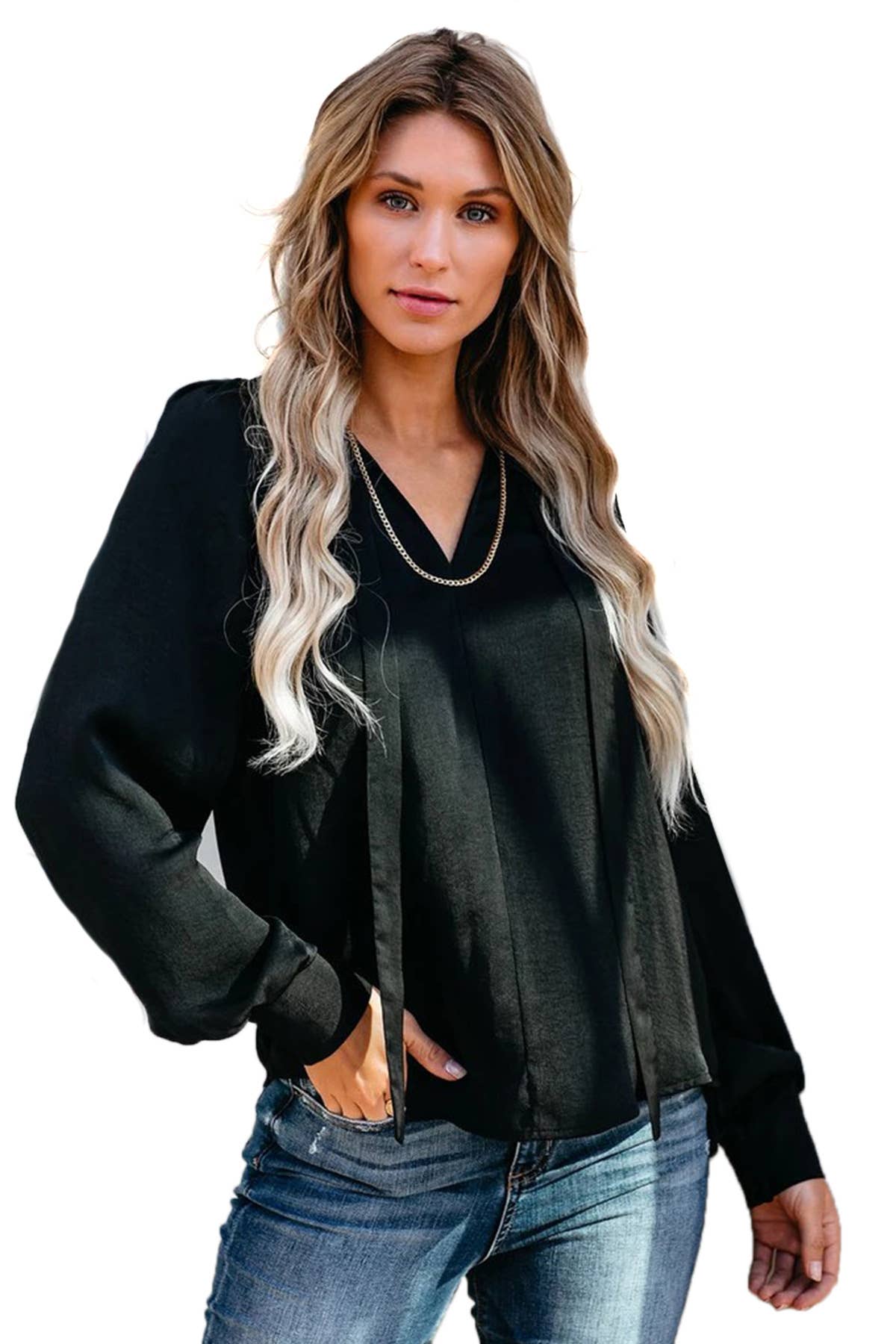 SOLID COLOR V-NECK LACE-UP LONG SLEEVE SHIRT