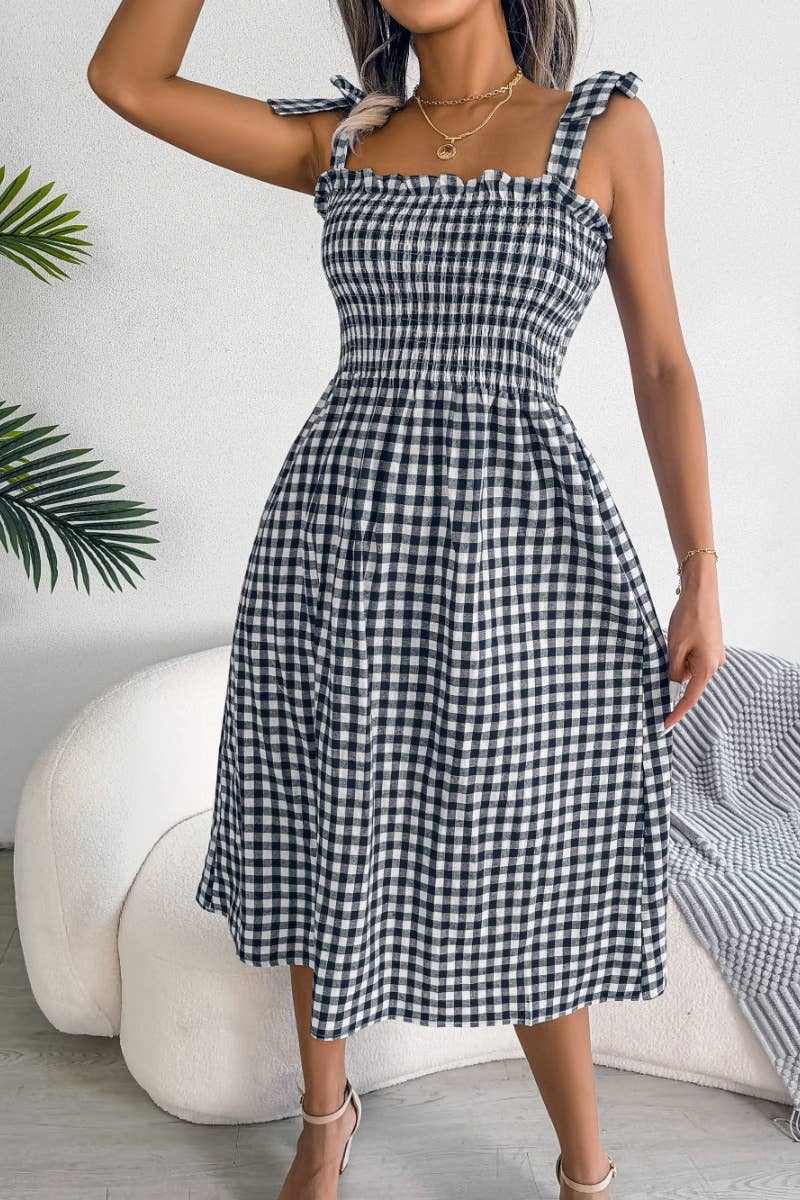 CWDHL0520_SUMMER CASUAL LACE-UP PLAID DRESS MID-LENGTH